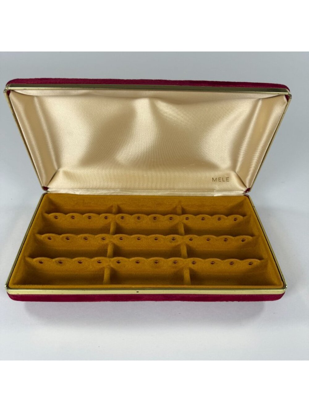 Vintage Mele Velvet Jewelry Box Red & Gold Tone Satin Interior 18 Pair Earrings